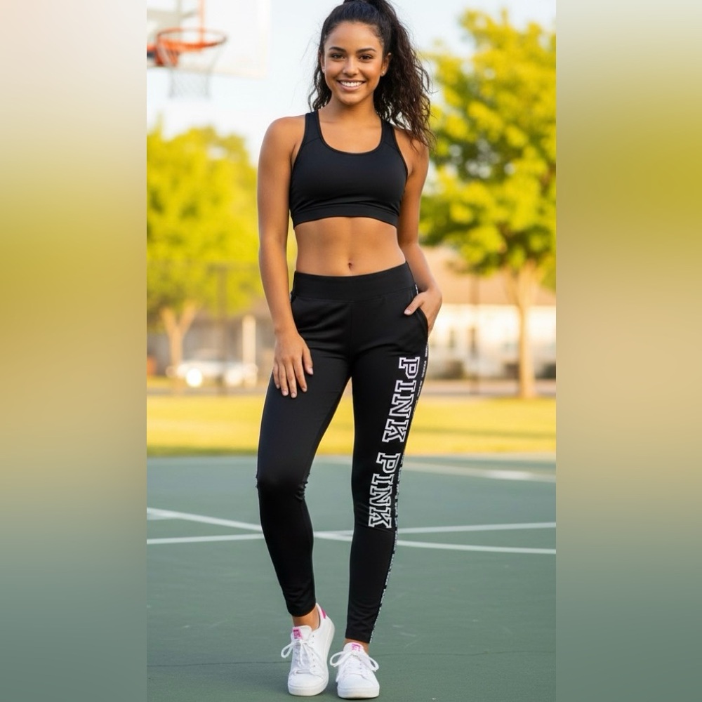 Pink Victoria’s Secret Ultimate Black Joggers, Logo, Stripe, Size S/P,